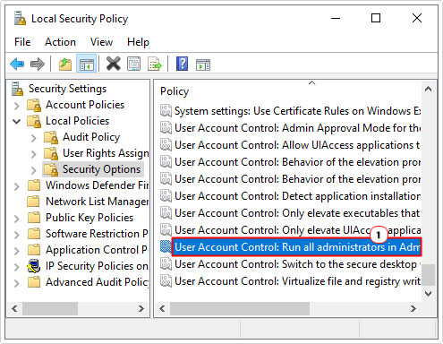 open User Account Control in local security policy
