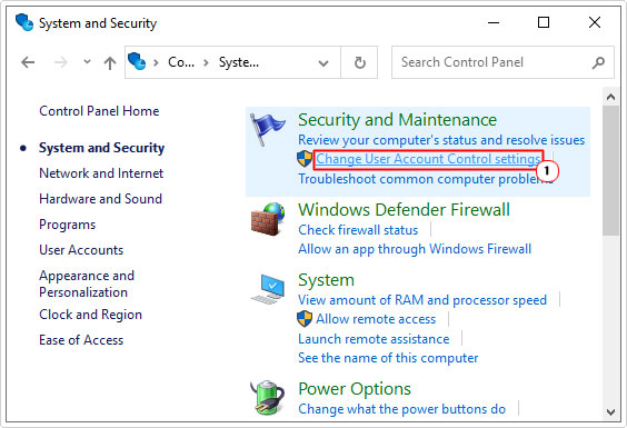 click Change User Account Control settings in system and security