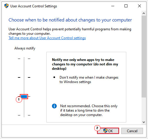 lower security setting for User Account Control Settings