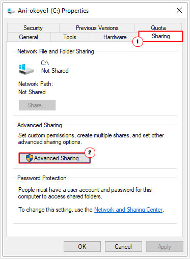 select Advanced Sharing from the sharing tab