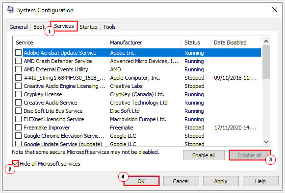 disable all services in services tab