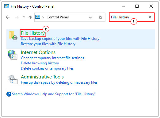 search for File History in control panel and click on it