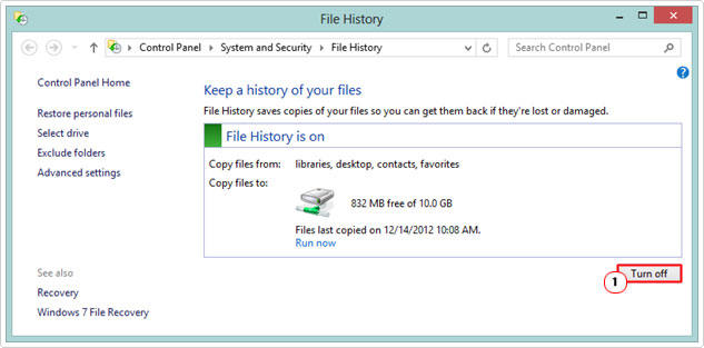 turn off File History via control panel