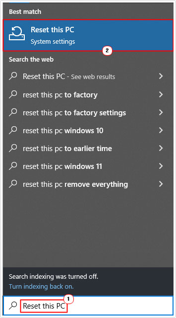 search for reset this pc then click on it in results