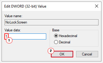 set value data to 1 for NoLockScreen