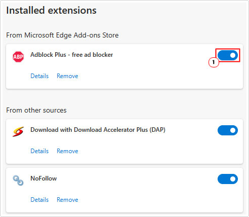 disable extensions using blue slider