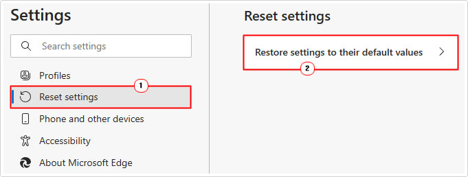 click on Restore settings to their original defaults in reset settings
