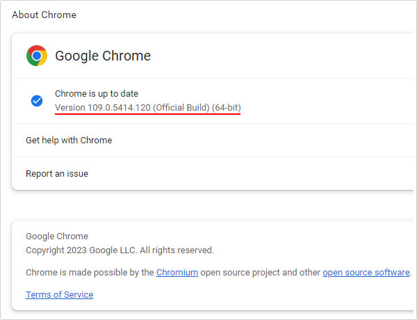 version check on About Google Chrome