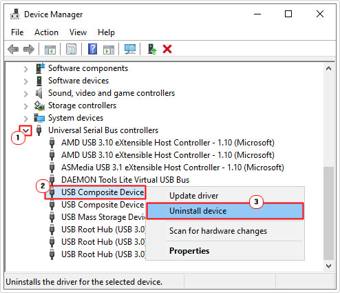 Uninstall device from USB in device manager