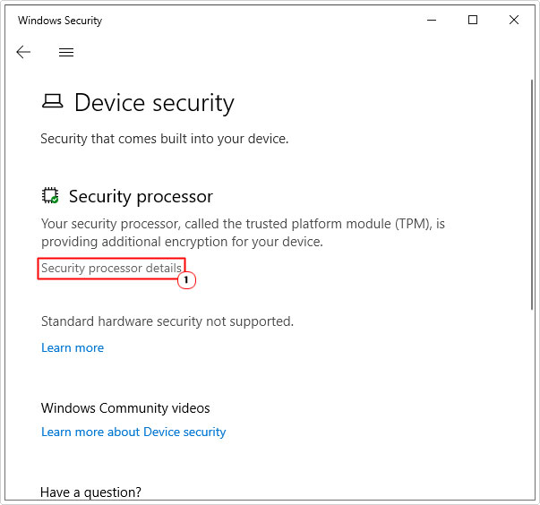 click on Security processor details in device security 