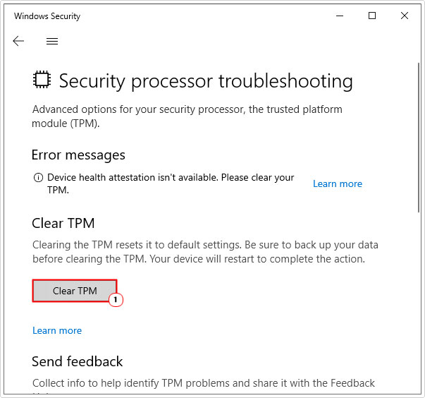 click on clear tpm from Security processor troubleshooting