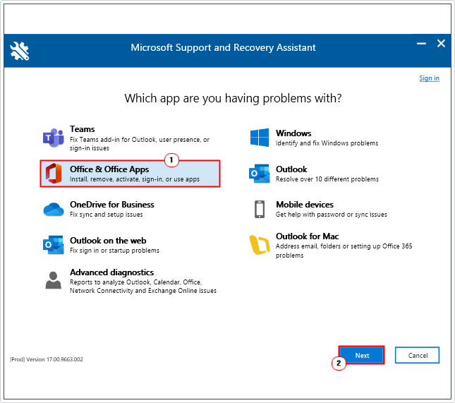click on Office & Office Apps in support and recovery assistant