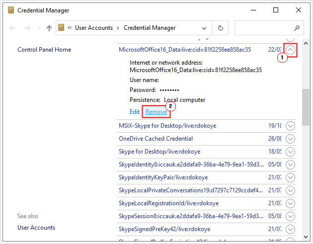 remove Microsoft Office credentials in Credential Manager