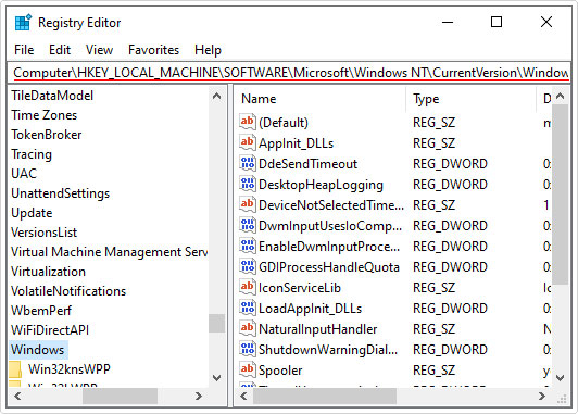 go to CurrentVersion\Windows path in registry editor