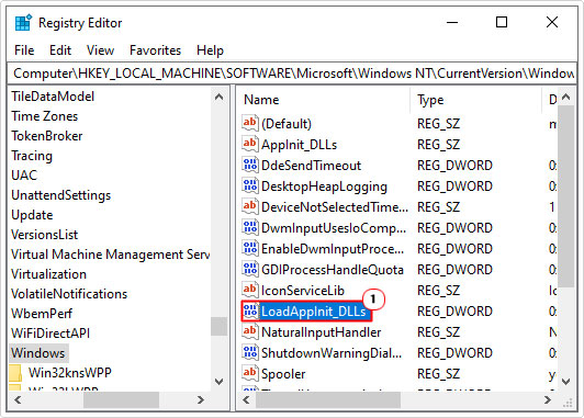 open LoadApplnit_DLLs registry key