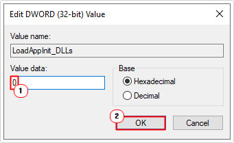 set value data of LoadApplnit_DLLs to 0