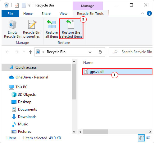 restore contents from recycle bin