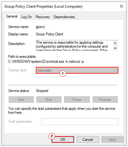 set startup type to automatic in Group Policy Client Properties