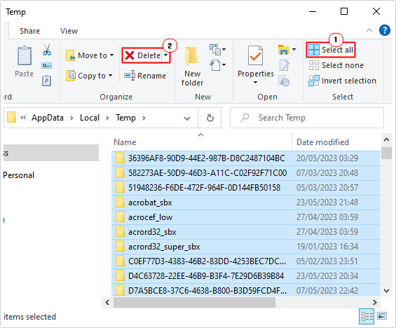 delete files and folders in temp folder