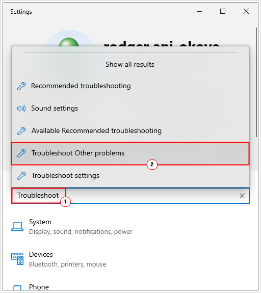 click on Troubleshoot other problems in settings