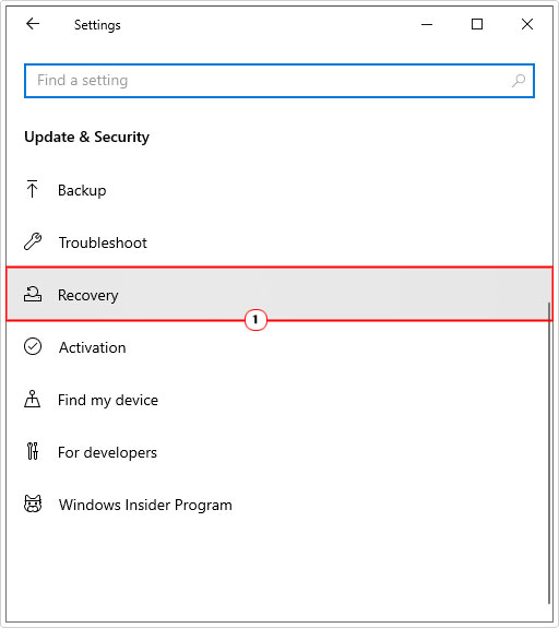 click on recovery in Update & Security