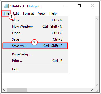 click on save as for text document