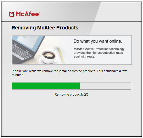 Removing McAfee Products screen indicates uninstallation