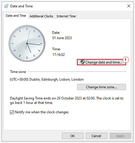 click on Change date and time from date and time applet