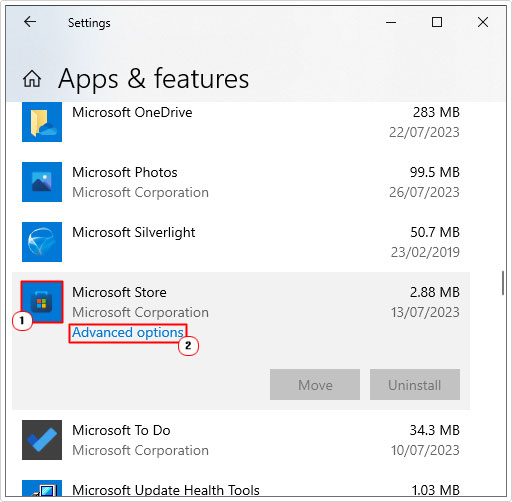 click on Advanced Options for Microsoft store