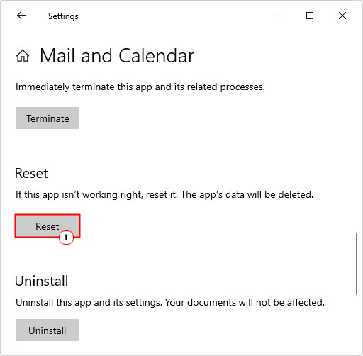 click on reset for Mail and Calendar