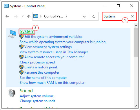 search and click on System in control panel