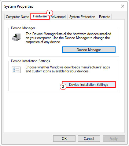 click on Device Installation Settings from hardware tab
