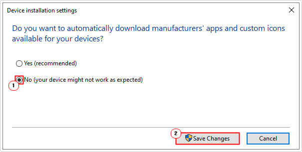click on no for Device Installation Settings