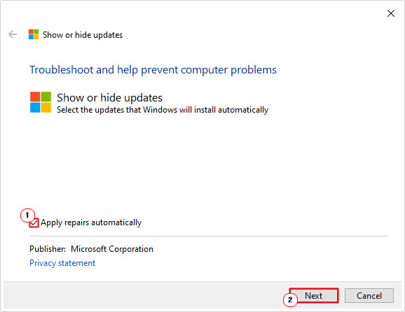 enable Apply repairs automatically then click on next