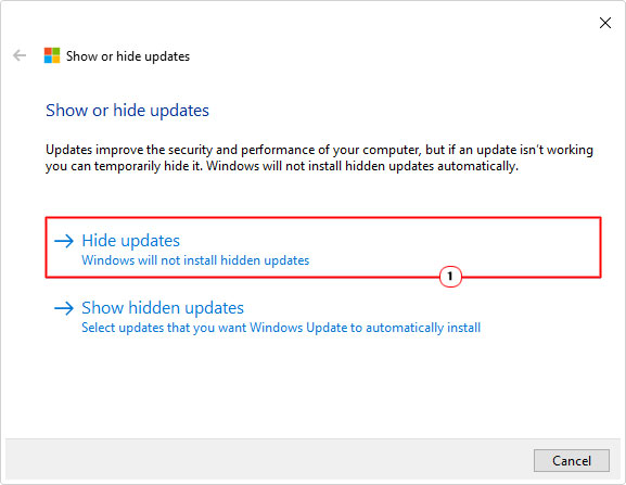 click on Hide updates from following screen