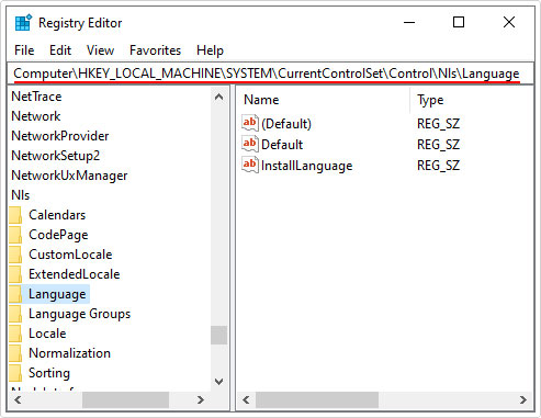 open Nls\Language registry path
