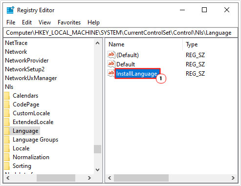 click on InstallLanguage in registry path
