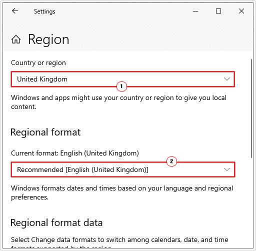 select Regional format and country or region in region