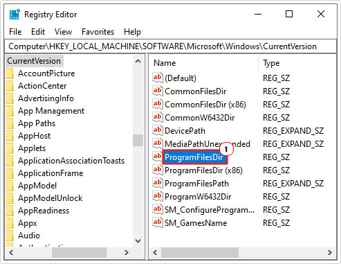 click on ProgramFilesDir in registry path