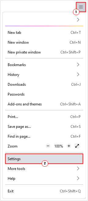 access settings from Firefox menu