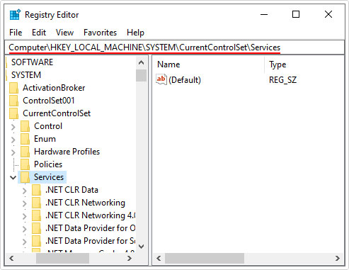 go to registry path CurrentControlSet\Services\