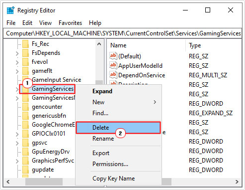 delete GamingServices key in registry editor