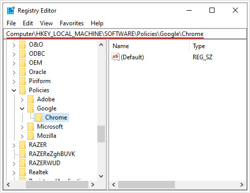 visit Policies\Google\Chrome path in registry editor