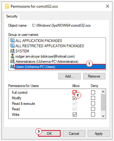 click on users then allow for full control in Permissions for comdlg32.ocx