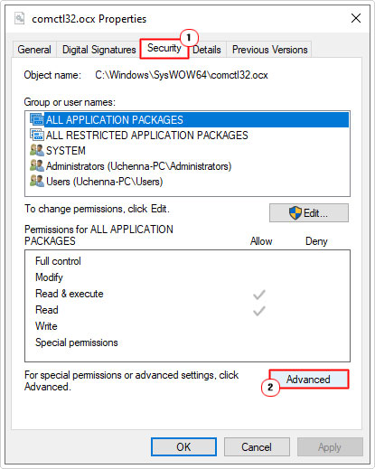click on advanced in the security tab for Comdlg32.ocx