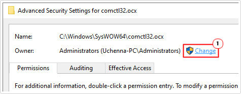 click on change in Advanced Security Settings for comdlg32.ocx