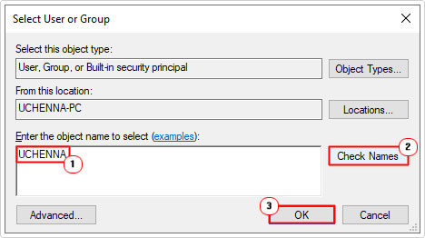 type username into Enter the object name to select box then select check name