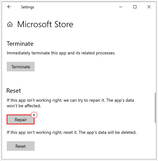 Select repair for Microsoft Store