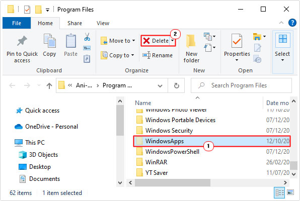 select and delete WindowsApps