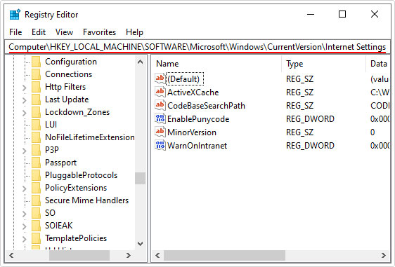 visit CurrentVersion\Internet Settings\ registry path